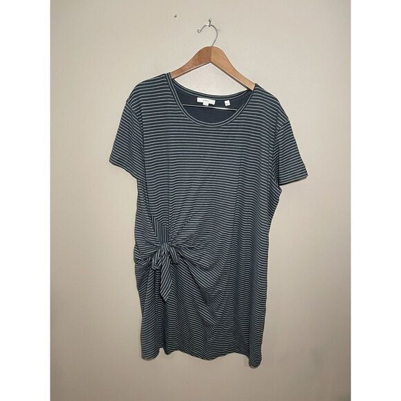 Vince Classic Stripe Side Tie Dress X-LARGE XL Short Sleeve Gray White MSRP $225 - Picture 1 of 5